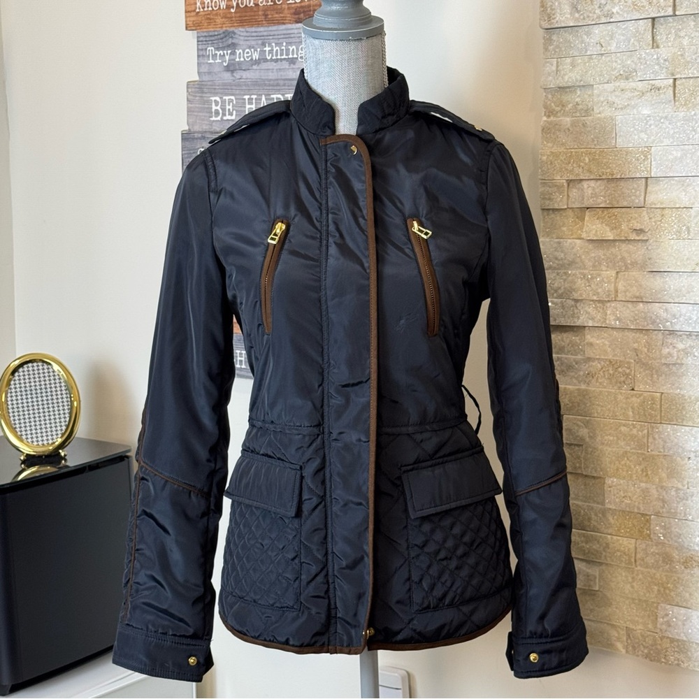 ZARA Basic Jacket Womens Size S Navy Full Zip Outdoors Outerwear Quilted Accent